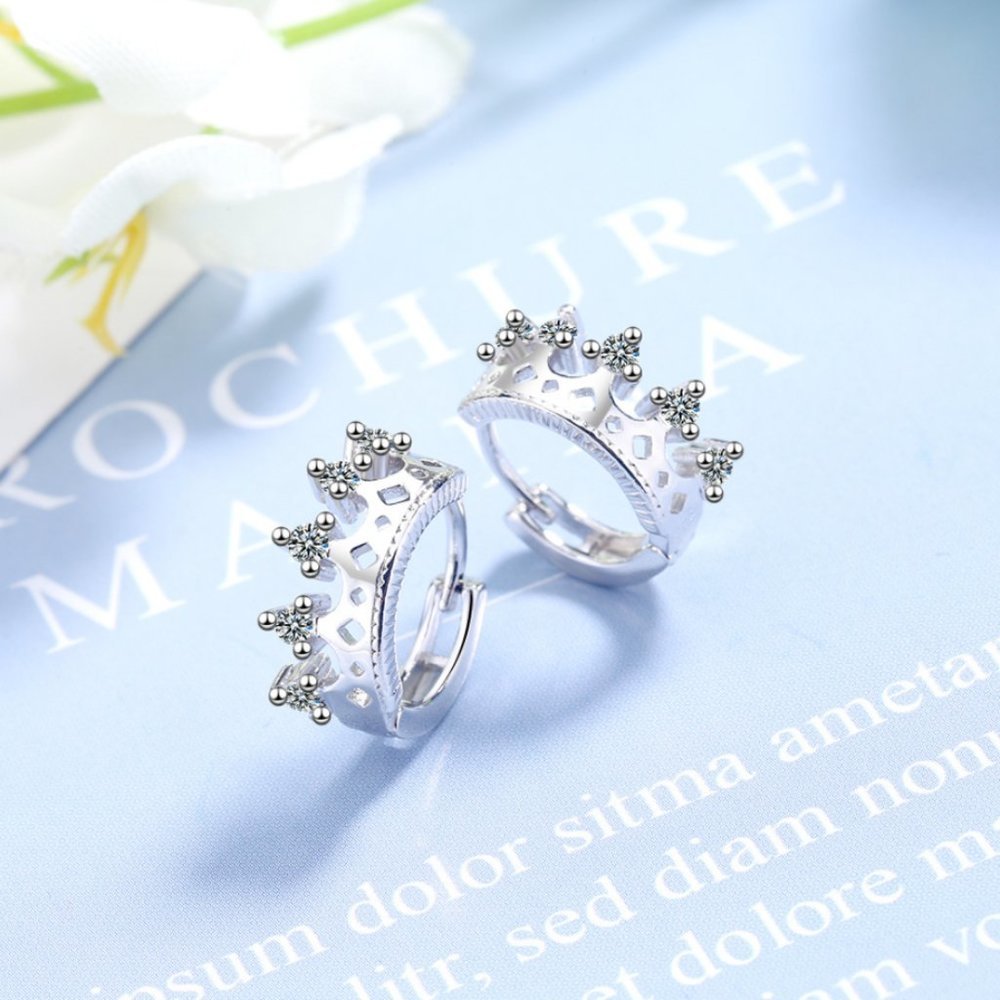 *NEW Sterling Silver Diamond Crown Hoop Earrings - Picture 1 of 6